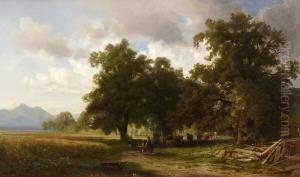 Hirtin Mit Kuhen In Chiemseelandschaft. by Wilhelm Boshart