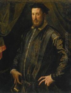 Portrait Of A Man, Half Length, Standing Before A Curtain