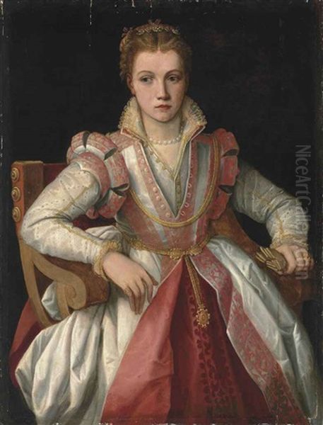 Portrait Of A Lady, Half-length, In A Richly Embroidered, High-necked White Dress With Pink Trim, A Jewelled Headdress And Pearl Necklace - view 1