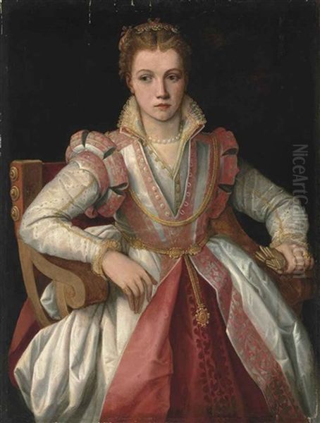 Portrait Of A Lady, Half-length, In A Richly Embroidered, High-necked White Dress With Pink Trim, A Jewelled Headdress And Pearl Necklace, Seated Holding Gloves In Her Left Hand - view 1