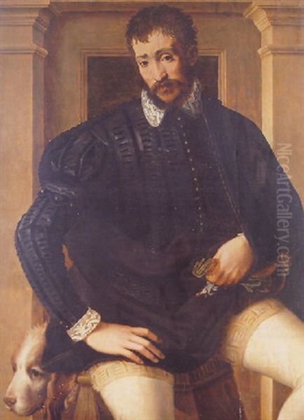 Portrait Of A Gentleman, Holding A Pair A Gloves, Seated On A Wooden Stool Beside A Hound In An Architectural Stone Niche - view 1