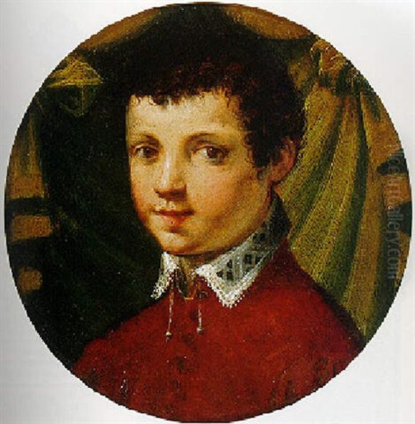 Portrait Of A Young Man Dressed In Red Standing Before A Green Drape - view 1