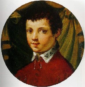 Portrait Of A Young Man Dressed In Red Standing Before A Green Drape