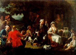 Hunters Resting With Ladies And Children On A Wooded Bank, Landscape With Lake And Village Beyond