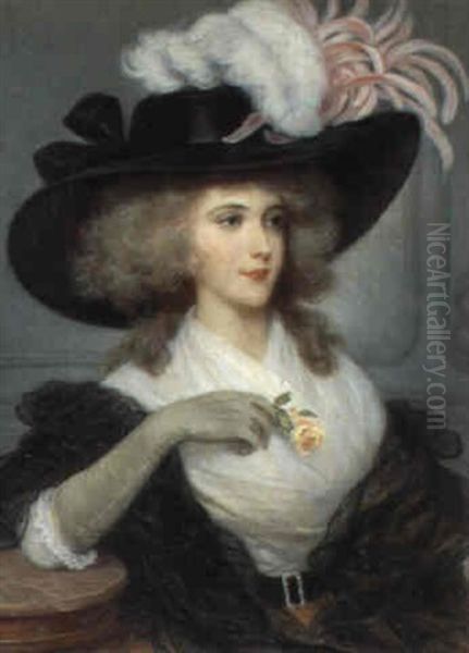 Junge Dame Mit Schwarzem Hut Und Rose In Einem Interieur - view 1