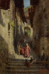 Dorfgasse Mit Kindern Auf Einer Treppe
