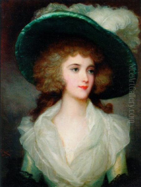Portrait Of A Lady Wearing A Blue Silk Dress With A White Collar, Complete With Blue Silk Hat And White Feather - view 1