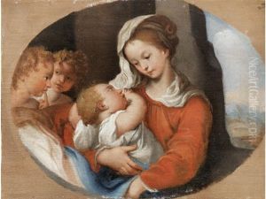 The Madonna And Child With Angels, Within A Painted Oval by Pasquale de' Rossi