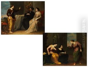 Junge Weibliche Heilige Spricht Ermahnend Zu Einem Hofischen Paar (+ Konversation Zwischen Einer Alteren Frau Und Zwei Damen; Pair)