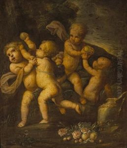 Putti Fighting In A Landscape by Pasquale de' Rossi
