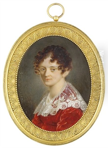 A Young Lady, In Red Velvet Dress With Falling Lace Collar - view 1