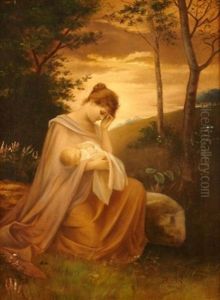 Muttergluck. Eine Junge Frau, Ihr Kind In Den Armen Wiegend, Vor Landschaftshintergrund by Adalbert von Roessler