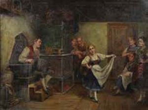 Das Neue Dirndl (bauerliches Interieur Mit Festtaglich Gekleideten Familienmitgliedern, In Der Mitte Tanzt Ein Madchen)