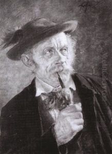 Brustbild Eines Langstielpfeife Rauchenden Tiroler Bauern Mit Grunem Federgeschmuckten Filzhut by Georg Roessler