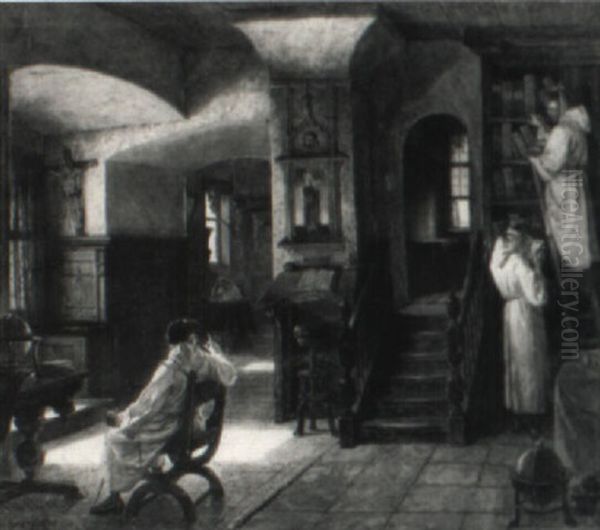 Klosterbibliothek Mit Vier Monchen Im Gesprach - view 1