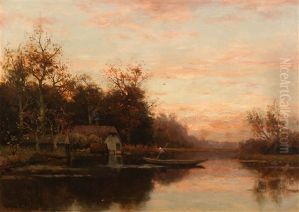 Woman Farmer In Her Flat-boat At Dusk - view 1