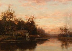 Woman Farmer In Her Flat-boat At Dusk
