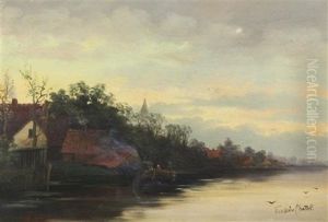 Canal Scene Under Snow And Houses Beside A River (2 Works) by Fredericus Jacobus Van Rossum Du Chattel