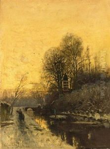Woodgatherers Along A Canal In A Snow Covered Landscape by Fredericus Jacobus Van Rossum Du Chattel