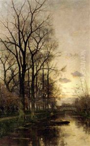 A Rowing Boat On A Canal At Dusk by Fredericus Jacobus Van Rossum Du Chattel