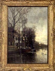 Canal Scene With Barge And House by Fredericus Jacobus Van Rossum Du Chattel