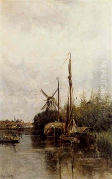 Summer: A Haybarge On A River Moored By A Windmill, A Town Beyond - view 1
