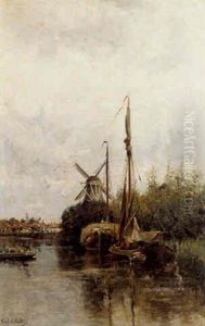 Summer: A Haybarge On A River Moored By A Windmill, A Town Beyond