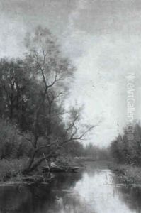 Wooded River Landscape With Figures In A Rowing-boat Wooded River Landscape With Figures In A Rowing-boat