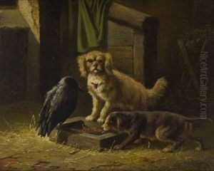 Zwei Hunde Und Dohle Am Futternapf by Carl Oswald Rostosky