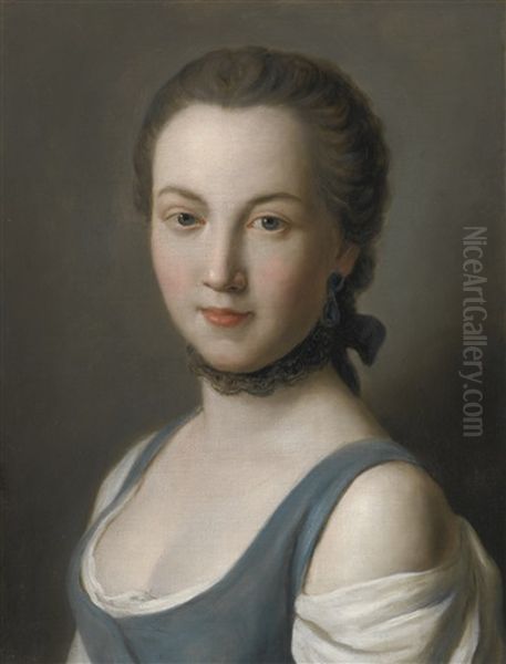 Portrait Of A Young Lady, Bust Length, In A Blue Bodice And Black Lace Choker - view 1