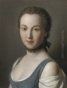 Portrait Of A Young Lady, Bust Length, In A Blue Bodice And Black Lace Choker