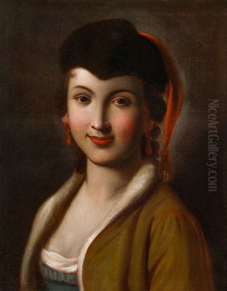 Junge Dame Mit Schwarzer Pelzkappe Und Roten Ohrringen - view 1