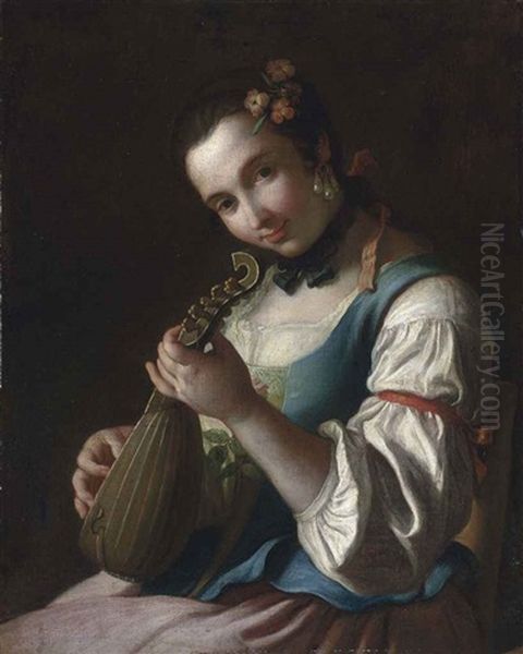 A Young Woman In Rural Dress, Playing A Lute - view 1