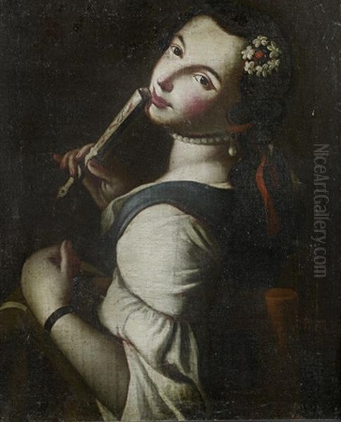 A Young Lady Wearing A Pearl Earring And Holding A Fan - view 1
