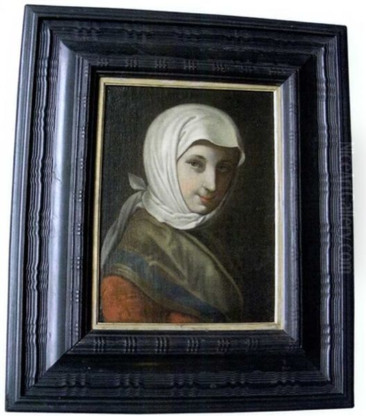 Jeune Femme En Buste De Profil Vers La Droite, Le Visage Presque De Face, Coiffee D'une Grande Echarpe Blanche - view 1