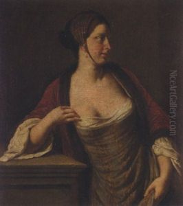 Portrait Of A Young Lady Wearing A Blue And Yellow Dress And A Red Fur-lined Jacket by Pietro Antonio Rotari