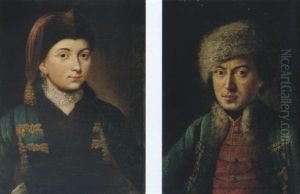 Portrait Of A Lady Wearing A Blue Coat With Gold Braid And A Fur Hat