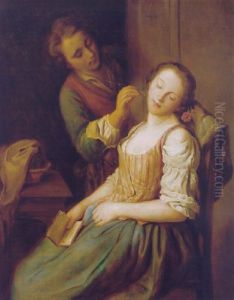 A Young Man Teasing A Sleeping Woman by Pietro Antonio Rotari