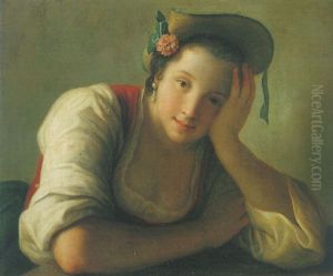 Portrait Of A Seated Girl Wearing A Straw Hat With A Flower, Leaning On A Table by Pietro Antonio Rotari
