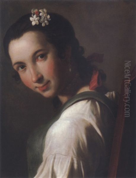 A Young Woman Looking Over Her Shoulder With Flowers In Her Hair - view 1
