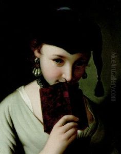 A Young Woman In A Russian Hat, Holding A Book by Pietro Antonio Rotari