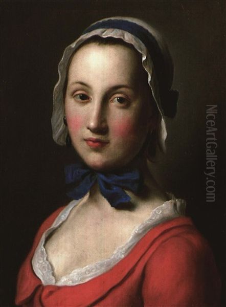 Portrait Of A Girl In Red Wearing A White Cap With A Blue Ribbon - view 1