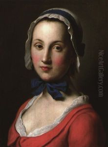 Portrait Of A Girl In Red Wearing A White Cap With A Blue   Ribbon