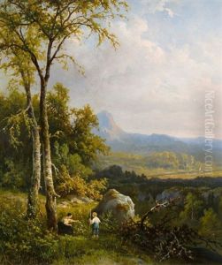 Bergige Waldlandschaft Mit Mutter Und Kind Bei Der Rast
