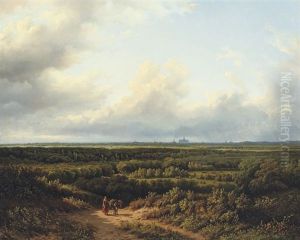 Figures In An Extensive Summer Landscape With Haarlem In The Distance by Georg Andries Roth