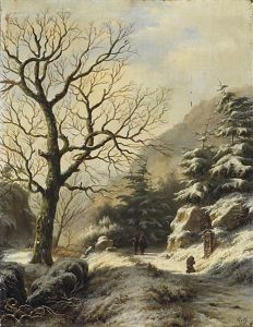 Verschneites Winterliches Tal Mit Wanderern