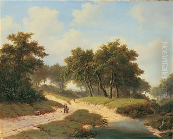Bewaldete Landschaft Mit Reisigsammlern Auf Einem Weg - view 1