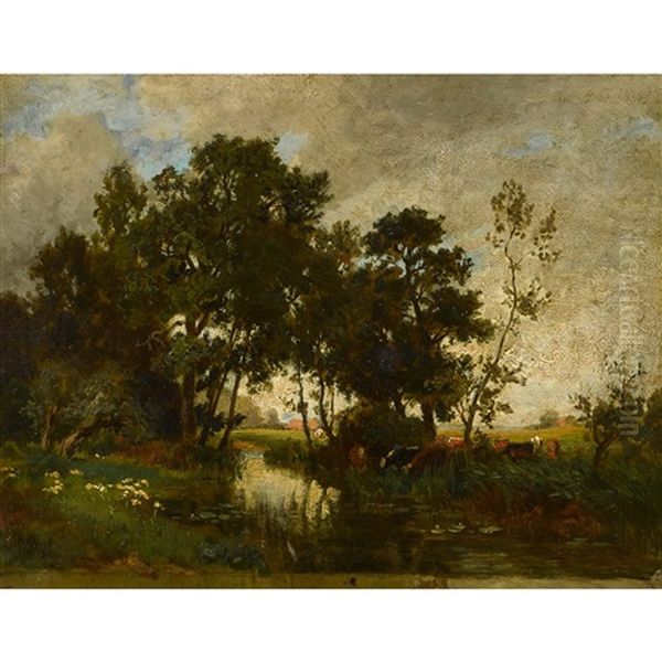 Sommerliche Landschaft Mit Kuhen An Der Tranke - view 1