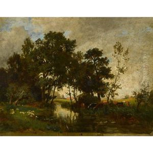 Sommerliche Landschaft Mit Kuhen An Der Tranke by Philipp Roeth