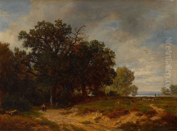 Baumlandschaft Mit Einem Schafer Mit Herde - view 1